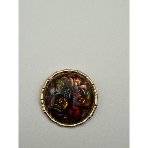 Vintage Round Floral Brooch With Hand-Painted Roses Gold-Tone Frame C Clasp Red - Picture 5 of 5
